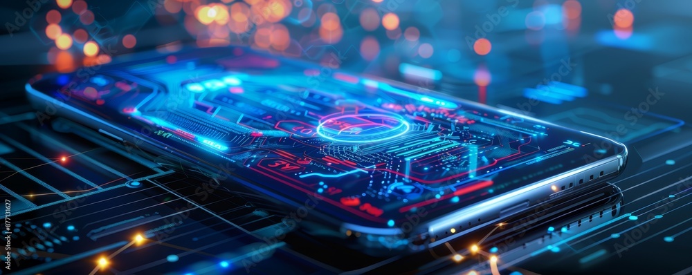 Poster high-tech smartphone with futuristic holographic interface overlaid on a circuit board, symbolizing 