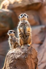  A group of meerkats atop a rock before a rocky backdrop with scattered stones