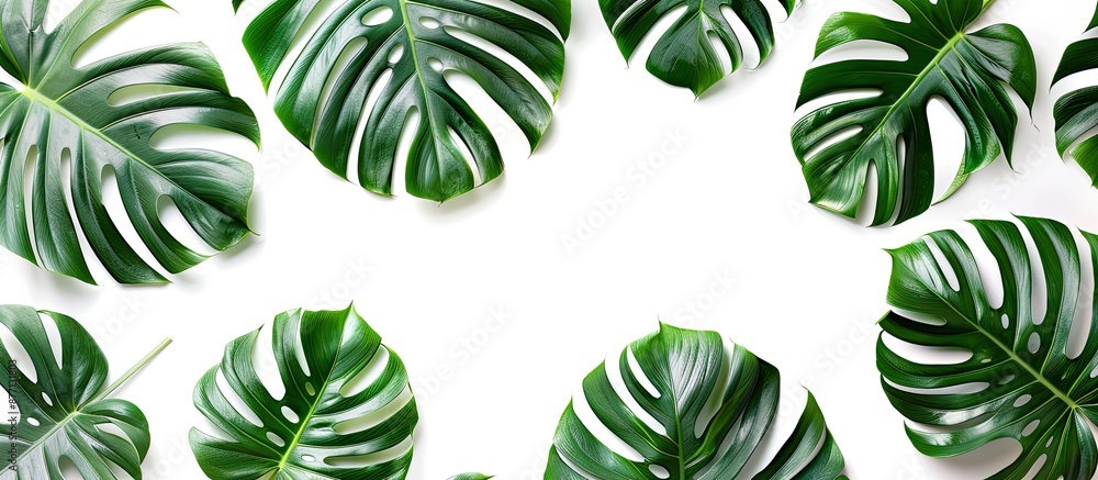 Fototapete monstera leaves on a white background are featured in this tropical botanical copy space image, perf