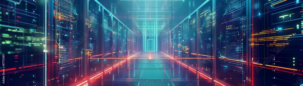 Poster modern data center with futuristic lighting, server racks. high-tech infrastructure showcasing advan