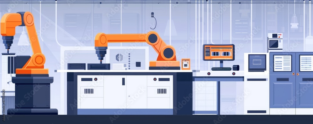 Poster modern industrial robotics equipment in a factory automation setup with robotic arms, computers, and
