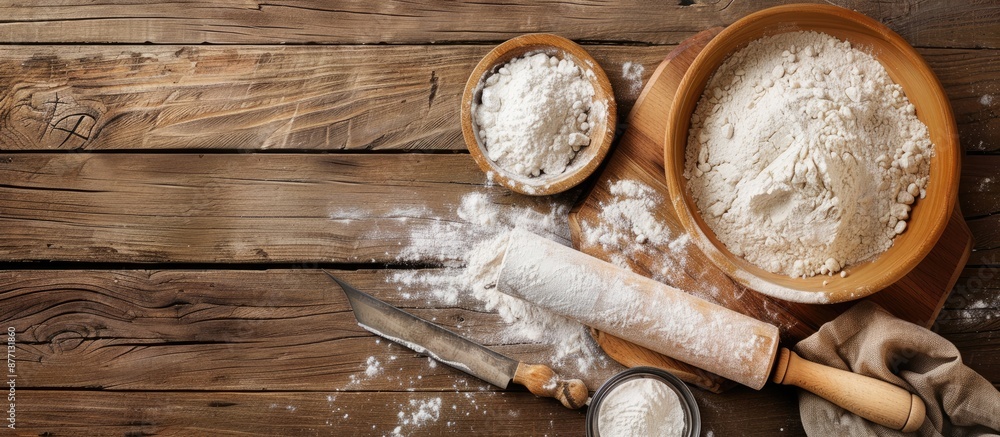 Aufkleber top view of a pastry board with a knife, rolling pin, and flour, perfect for adding text, against a 