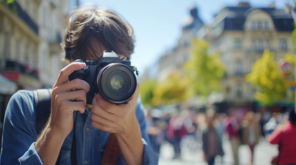 photographer captures a street scene in a bustling city with a blurred background, highlighting urban life and architecture