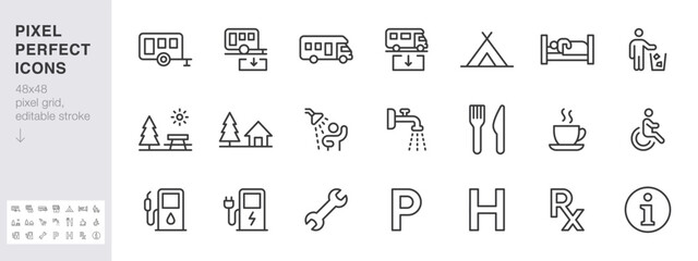 Camping line icon set. Trailer parking, caravan dump station, tent, shower, motor home minimal vector illustrations. Simple outline signs for road information. 48x48 Pixel Perfect Editable Stroke