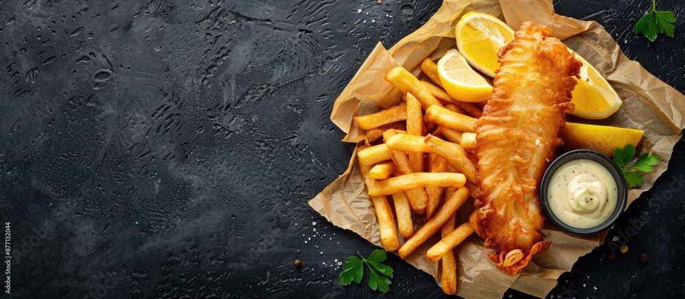 Aufkleber traditional english food, fish and chips, displayed from a top view on a black background with ample