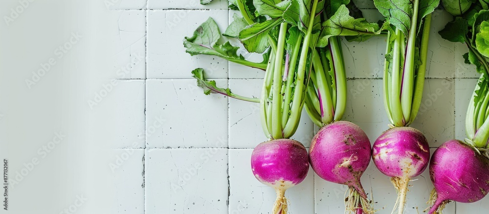 Poster Close-up shot of vibrant purple and green daikon radishes placed on a white tiled table, with a clear area suitable for adding text, creating a copy space image.
