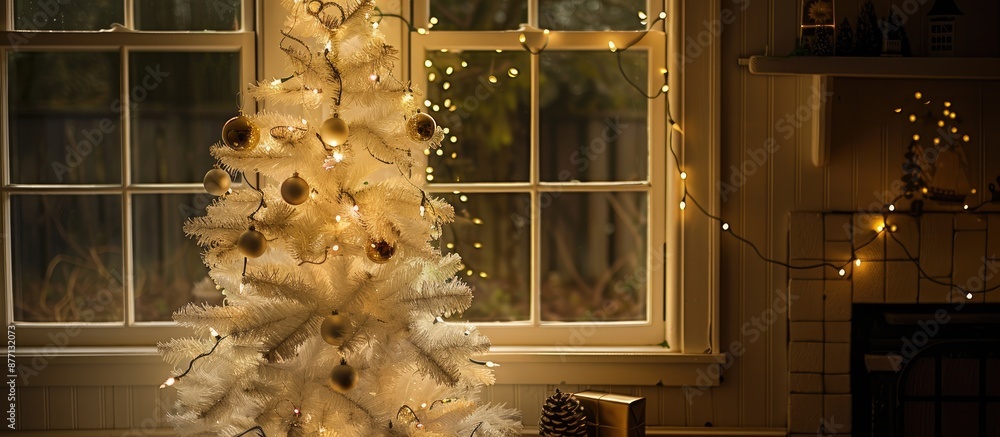 Aufkleber festive still life scene featuring a white christmas tree adorned with baubles, positioned by a wind