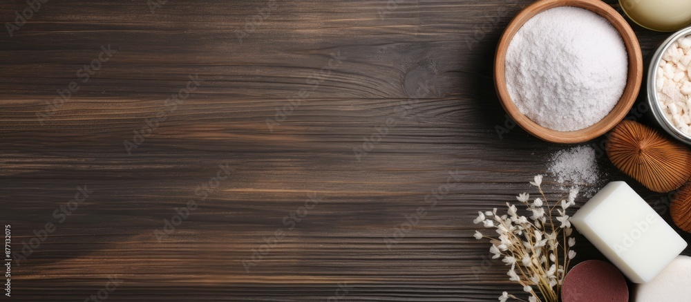 Poster top view of spa products and cosmetic clay on a wooden background with copy space image.