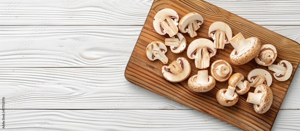 Poster overhead view of sliced mushrooms on a wooden cutting board against a white wooden backdrop, with a 