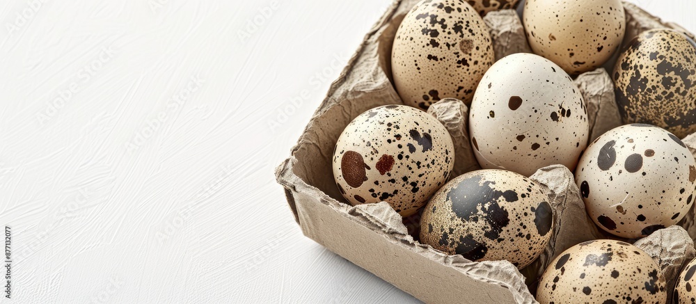 Poster Close-up of quail eggs in cardboard packaging on a white background with isolated copy space image.