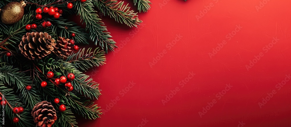 Poster Christmas tree branches decorated beautifully against a red backdrop with a space for text within the image.