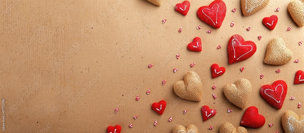 Poster Top view of handmade hearts on a brown background in a Valentine's Day greeting card with ample copy space image.