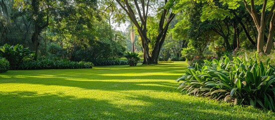 Obraz premium Sunny summer day in a botanical garden with lush green lawn, beautiful trees, and plants, ideal for copy space image.