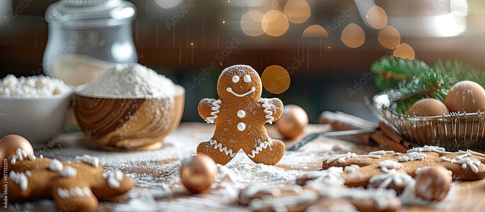 Poster arrangement of ingredients for creating a gingerbread man with new year's pastries on a kitchen tabl