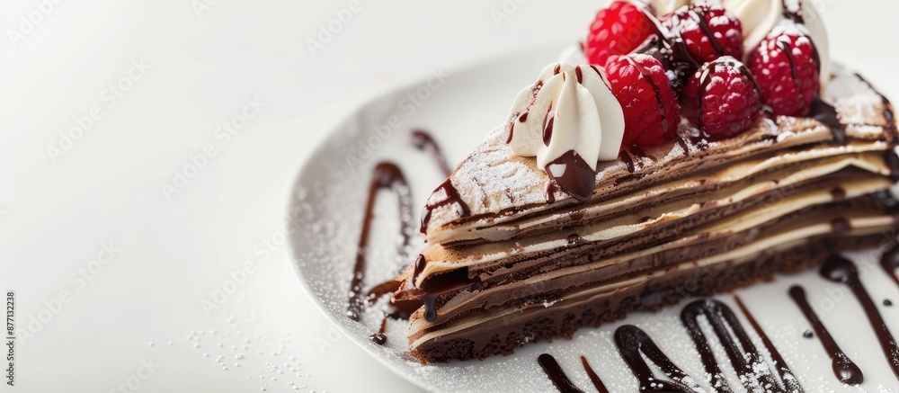 Poster Chocolate Crepe cake with a beautiful presentation and empty space for text or graphics to be added for a commercial or advertising purpose.