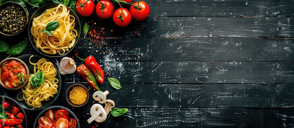 Poster pasta and fresh veggies on a black wooden backdrop seen from above with ample copy space image.