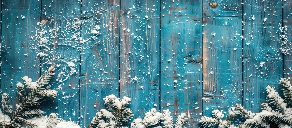 Poster christmas-themed background featuring blue wooden texture with snow, ideal for adding text or images