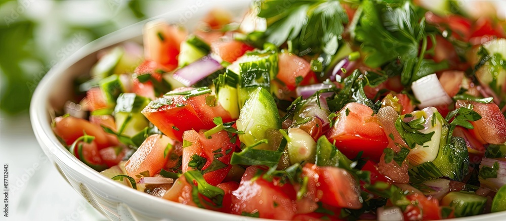 Poster close-up of tabule salad on a white background for a menu, providing a copy space image.