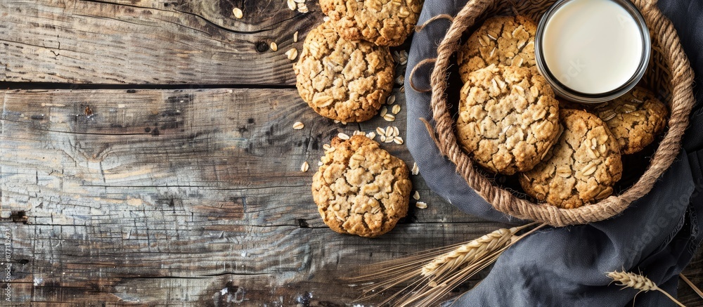 Poster Oat cookies displayed elegantly on a rustic wooden table with a beautifully arranged copy space image.