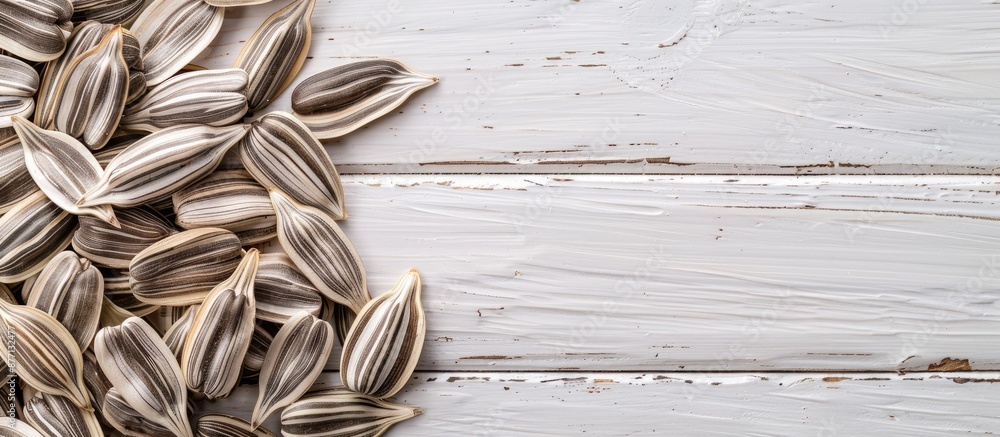 Poster sunflower seeds arranged on bamboo with a white wooden table providing ample copy space image.
