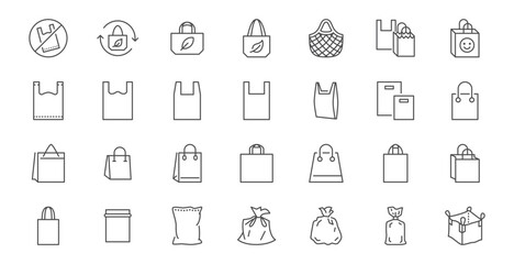 Plastic bag line icon set. Recyclable polyethylene, shopping pouch, zipper lock, garbage disposal minimal vector illustrations. Simple outline signs for paper package. Editable Stroke