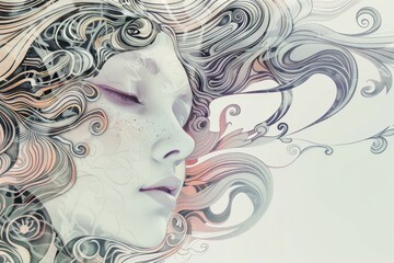 Surreal illustration of a serene woman's face intertwined with abstract, swirling lines creating a dreamy, ethereal effect.