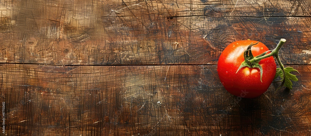 Poster tomato fruit displayed on a wooden plank with copy space image.