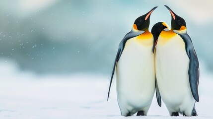 Fototapeta premium Two penguins standing side by side on a snow-covered ground beneath a blue sky