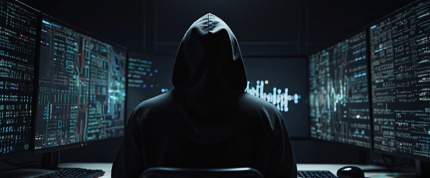 Unclear if the woman on the computer is the masked hacker on the screen, creating a cybercrime scene, hacking with a mesmerizing depiction of an anonymous hacker, their back presented in a half-turn, 