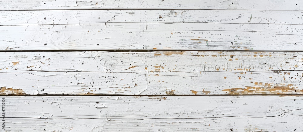 Poster a white-painted wooden floor with peeling around the plank in the image with copy space.