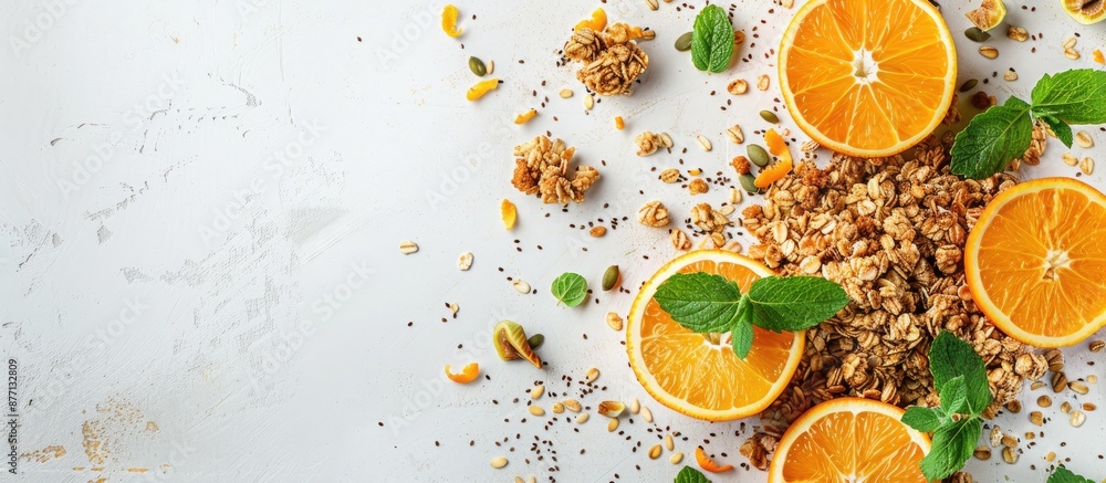 Poster granola with orange slices, mint, and seeds on a white table with space for text or images.