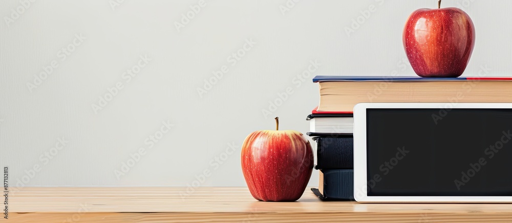 Poster desk with books, tablet, and apple neatly arranged on it with a white background, creating a visuall