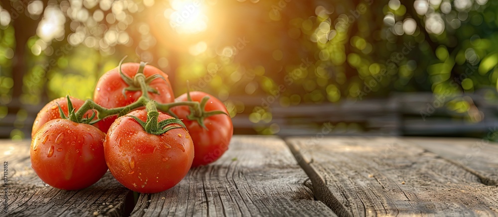 Poster Fresh red tomatoes placed on a wooden table with a backdrop of a wooden fence and trees, creating a rustic setting with copy space image, emphasizing a vegetarian food concept.