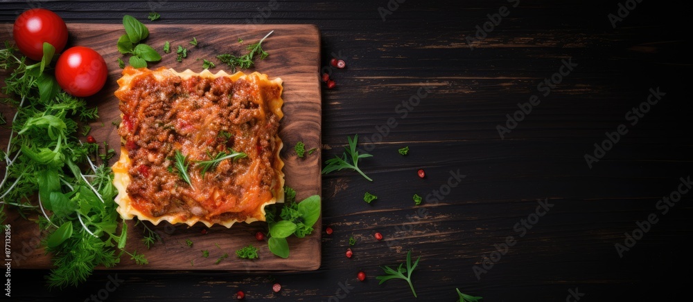Poster top view of italian lasagna with bolognese sauce and minced beef on a dark wooden surface with room 