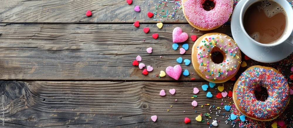 Poster top view of colorful donuts with heart-shaped sprinkles and smarties, next to a cup of coffee on a w