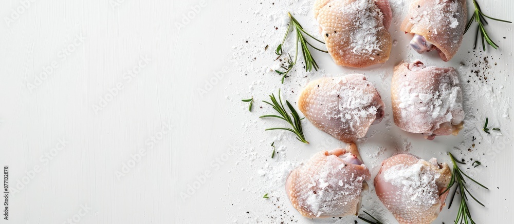 Poster frozen chicken thighs positioned against a white background with copy space image available.