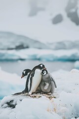 Naklejka premium A few penguins perch atop a snowy mound, beside a water body with icebergs in the backdrop