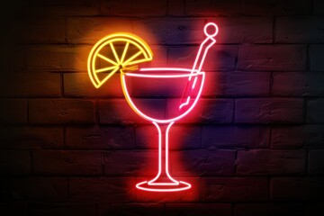 Vibrant neon sign of a cocktail drink with lime slice on a dark brick wall, perfect for nightlife and bar themes.