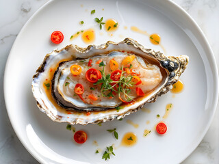 oyster seafood and vegetables on white plate