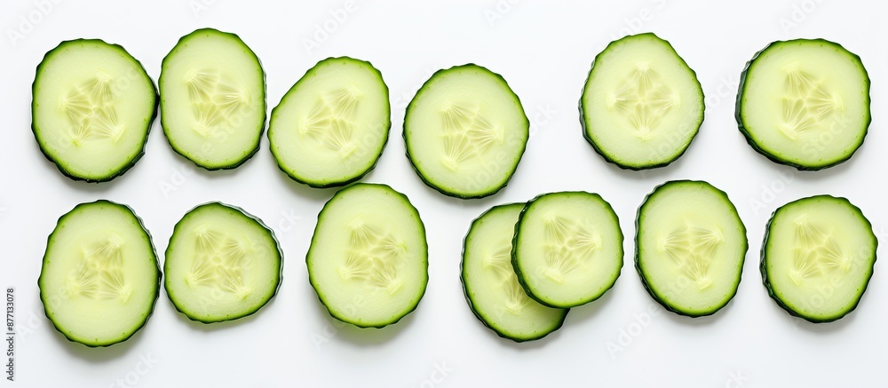 Poster Top view of freshly sliced zucchini on a white background with ample copy space image for text.