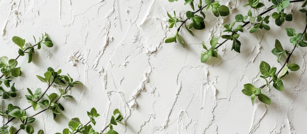 Poster a white textured background with mint branches, providing ample copy space in a top view horizontal 