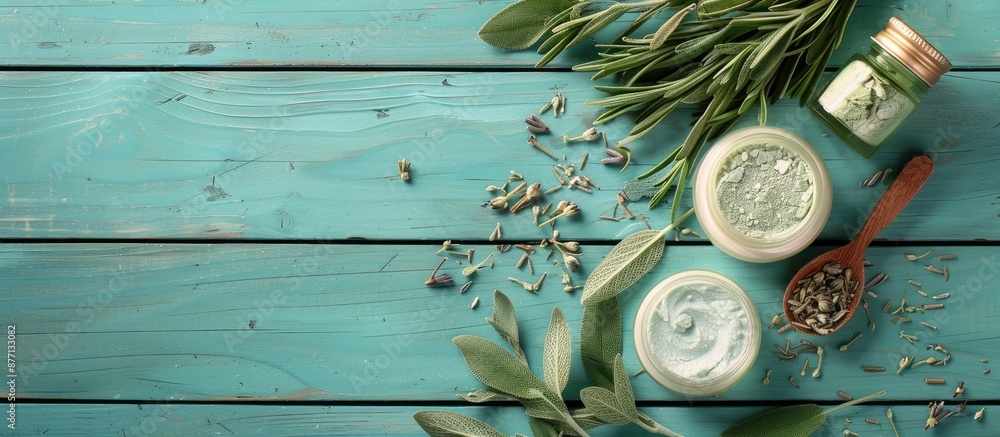 Poster sage herbs and beauty product samples displayed on a turquoise wooden table with a spacious copy spa