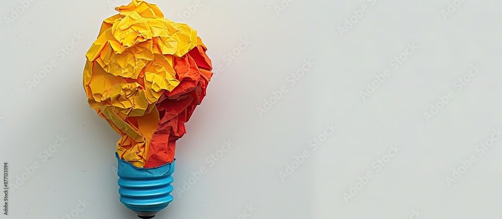 Poster Crumpled colored paper shaped like a yellow light bulb on a white background with a copy space image.
