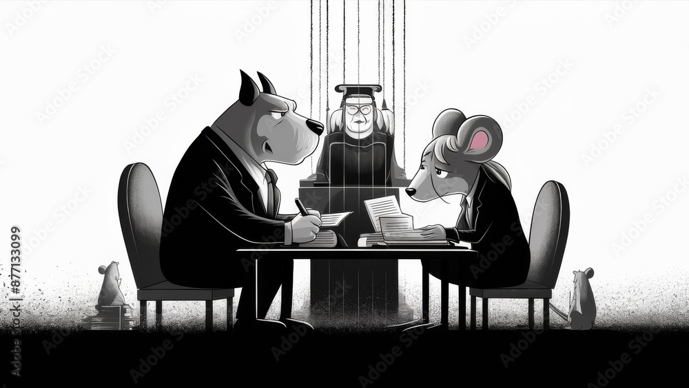 Poster a cartoon mouse and rat sitting at a table with judge in the background, ai