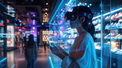 Obraz premium Woman wearing virtual reality headset explores futuristic immersive digital experience with interactive holograms in a high-tech environment.