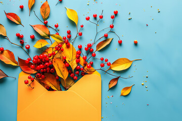 Encharted autumn leaves and berries explosion out of yellow envelope on blue background. Flat lay style, high resolution photography, professional color grading, soft shadows and no contrast for comme