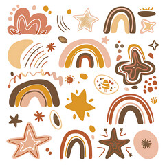 A charming collection of abstract shapes and patterns in earthy tones, featuring rainbows, stars, and various decorative elements