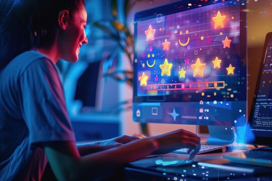 Woman smiling at a glowing computer screen with stars and emojis displayed - Powered by Adobe