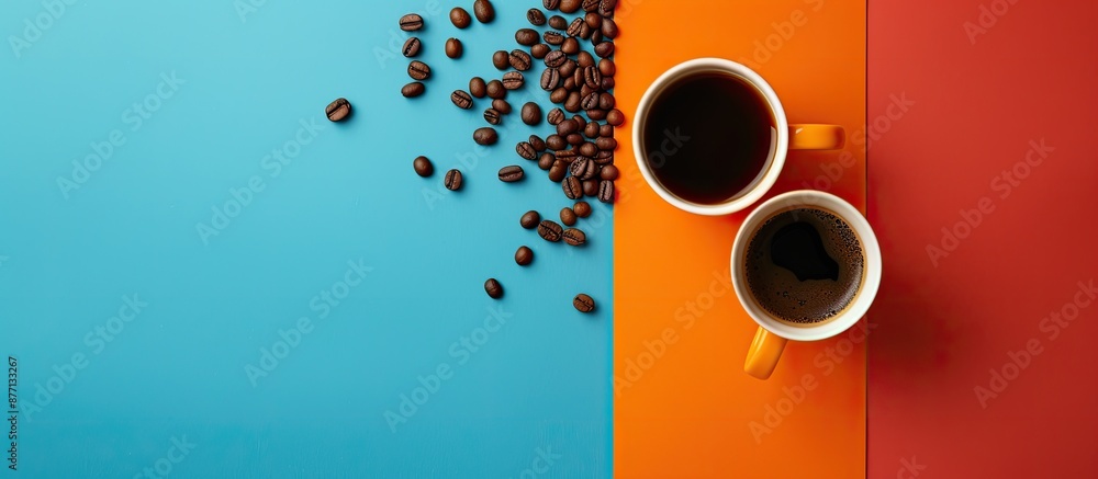 Aufkleber Coffee cup and beans displayed on a colorful background with copy space image.