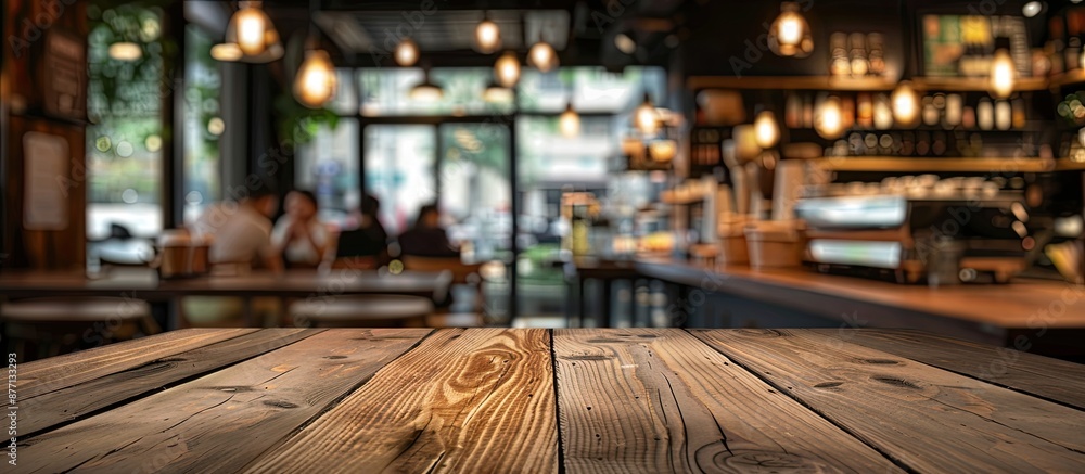 Fototapete empty brown wooden table with selective focus and coffee shop background blurred for a product displ